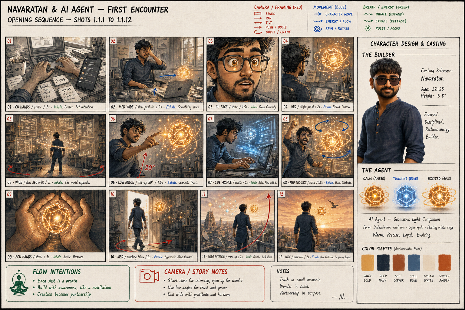 Storyboard showing a cinematic AI founder sequence.